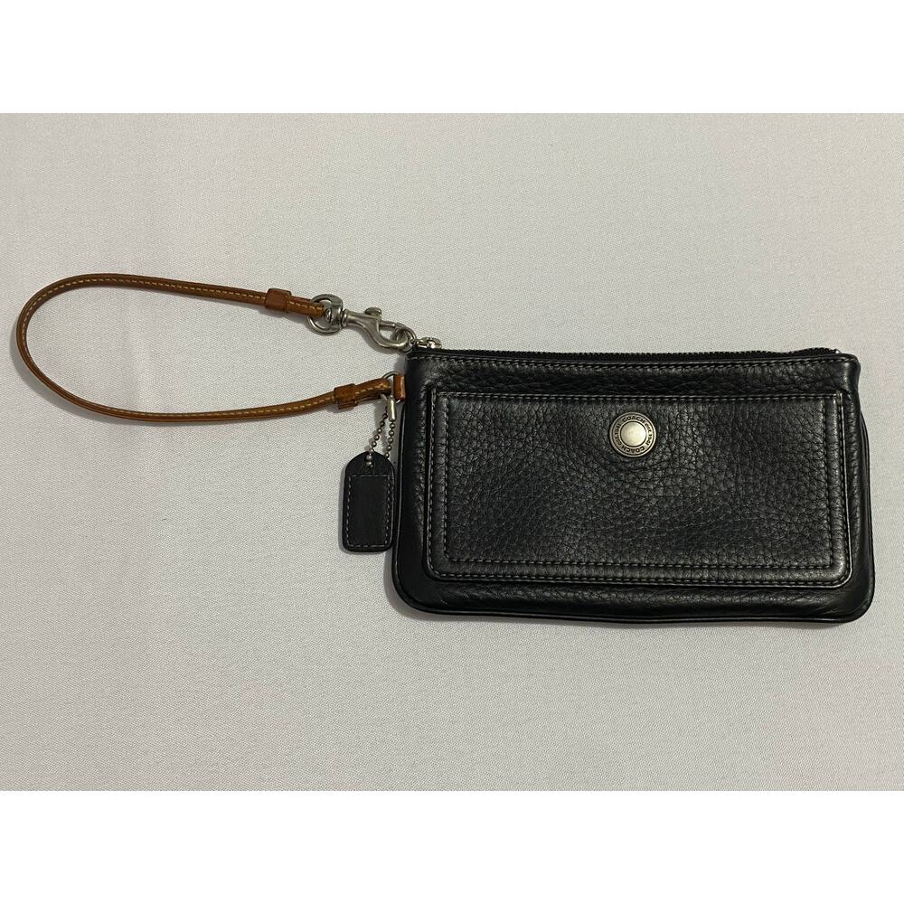 Coach Black Leather Wristlet Wallet Snap Closure Gold Logo Textured Compact